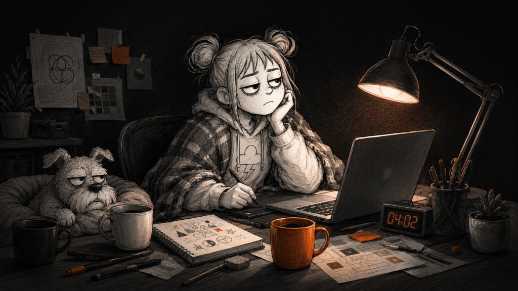Grafica freelance al lavoro di notte con plaid e tazza di caffè, occhiaie evidenti.