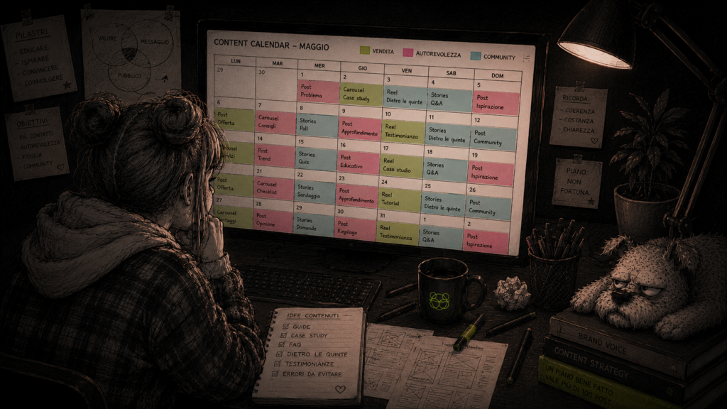 Calendario editoriale social con contenuti organizzati per obiettivo tramite codice colore.