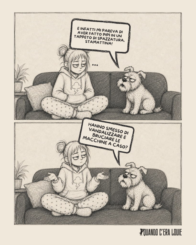Vignetta a due pannelli: la stessa ragazza e il suo schnauzer proseguono la conversazione ironica sui segnali di gentrificazione del quartiere, tra spazzatura e auto vandalizzate.