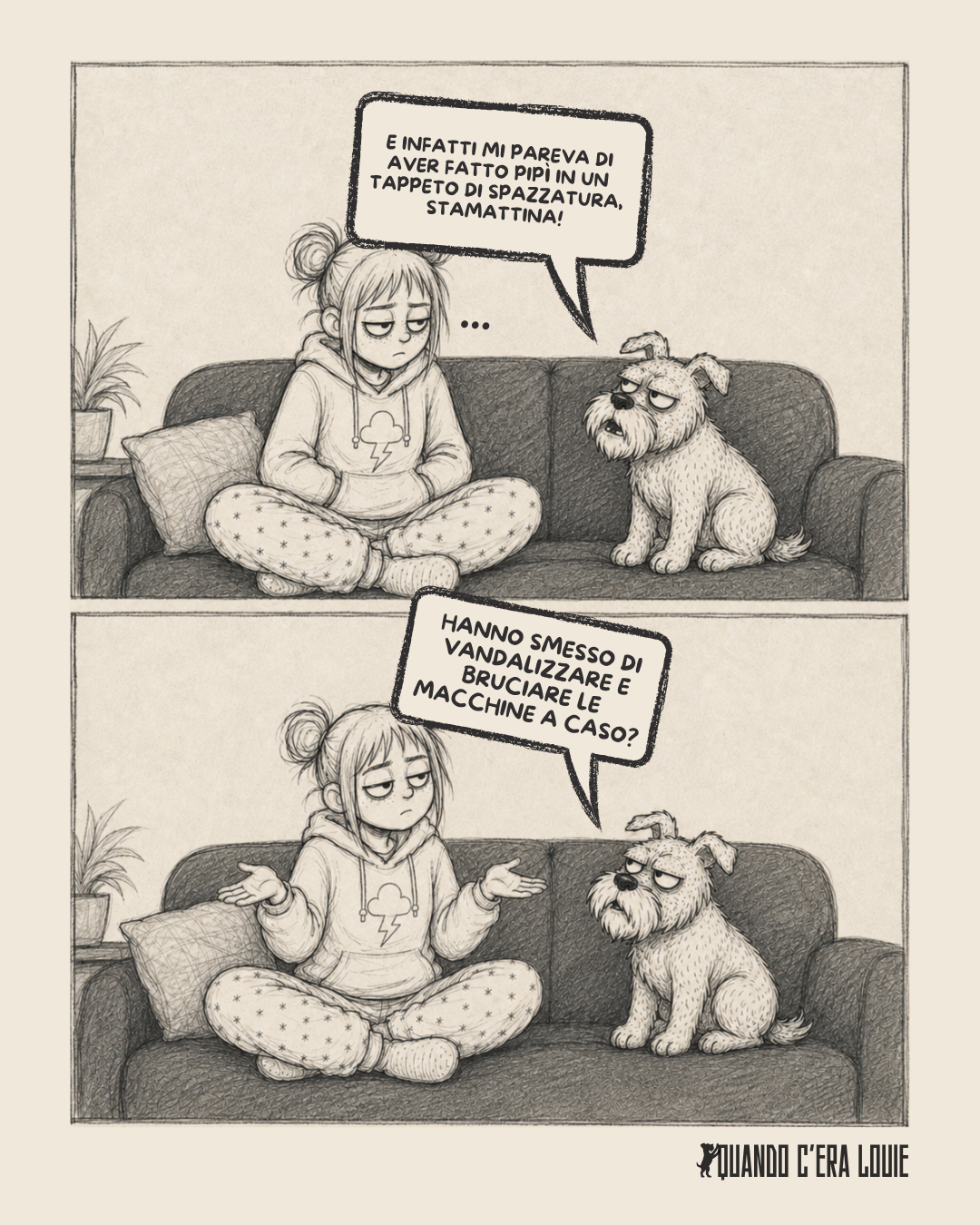 Vignetta a due pannelli: la stessa ragazza e il suo schnauzer proseguono la conversazione ironica sui segnali di gentrificazione del quartiere, tra spazzatura e auto vandalizzate.
